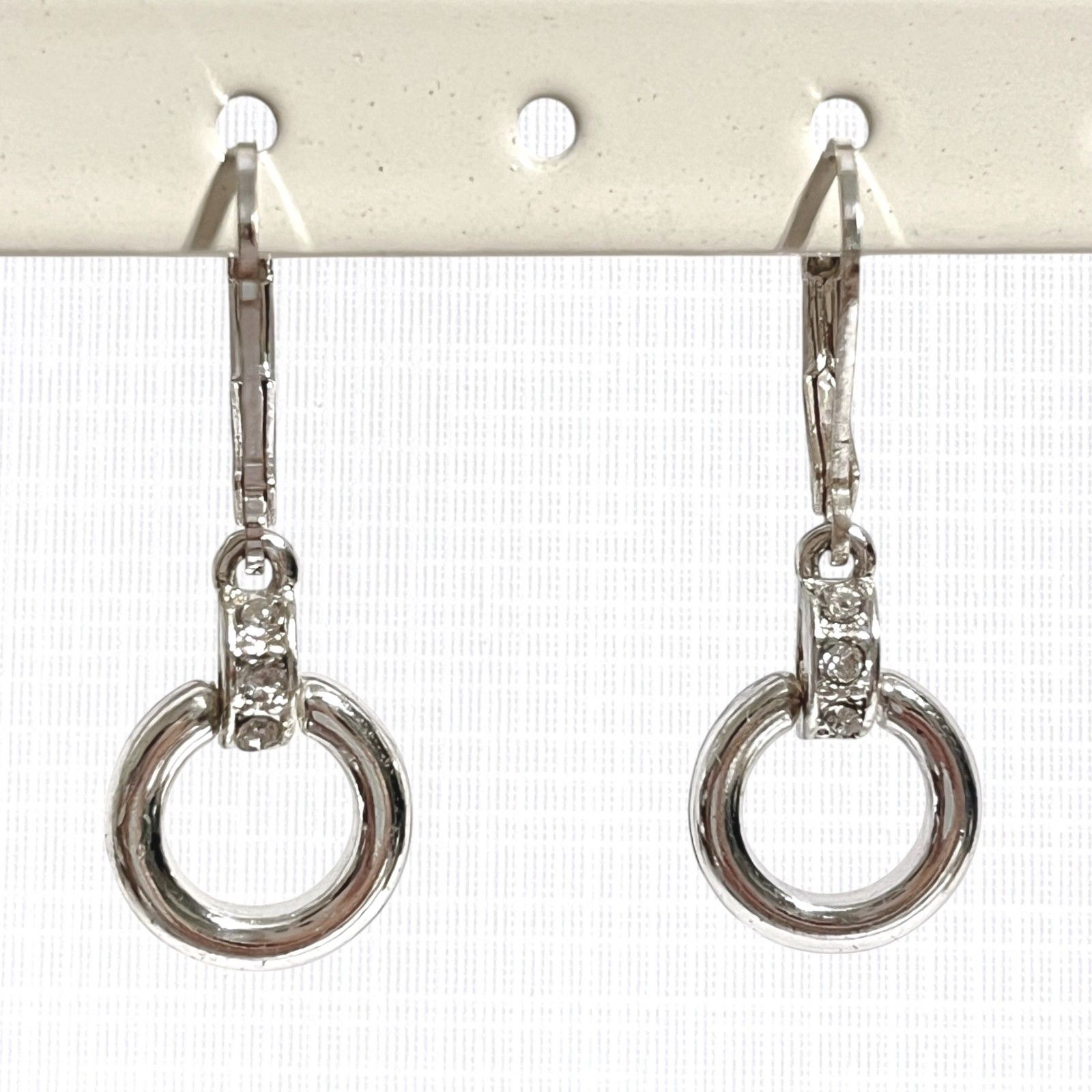 Dangle Open Circle Crystal Earrings Leverback Silver Tone Rhinestone Pierced
